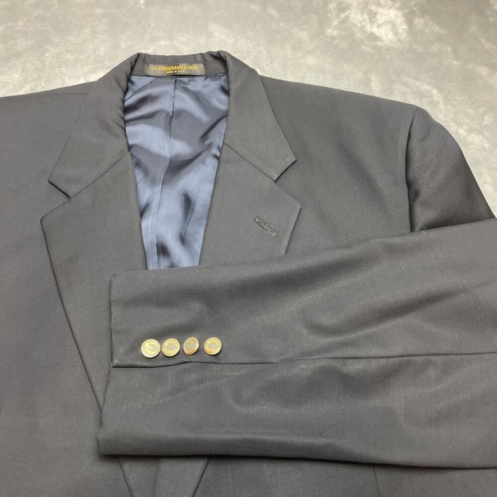 Vtg H Freeman & Son Mens Suit Jacket Blazer 42L‎ Black Wool 2 Gold Button Vented